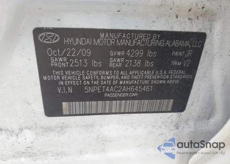 2010 Hyundai Sonata Gls z USA, uszkodzony, nr VIN 5NPET4AC2AH645461